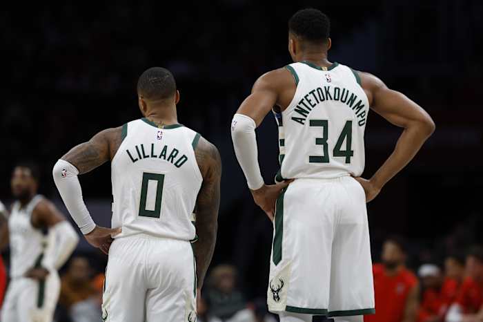 Milwaukee Bucks guard Damian Lillard (0) and Bucks forward Giannis Antetokounmpo (34)